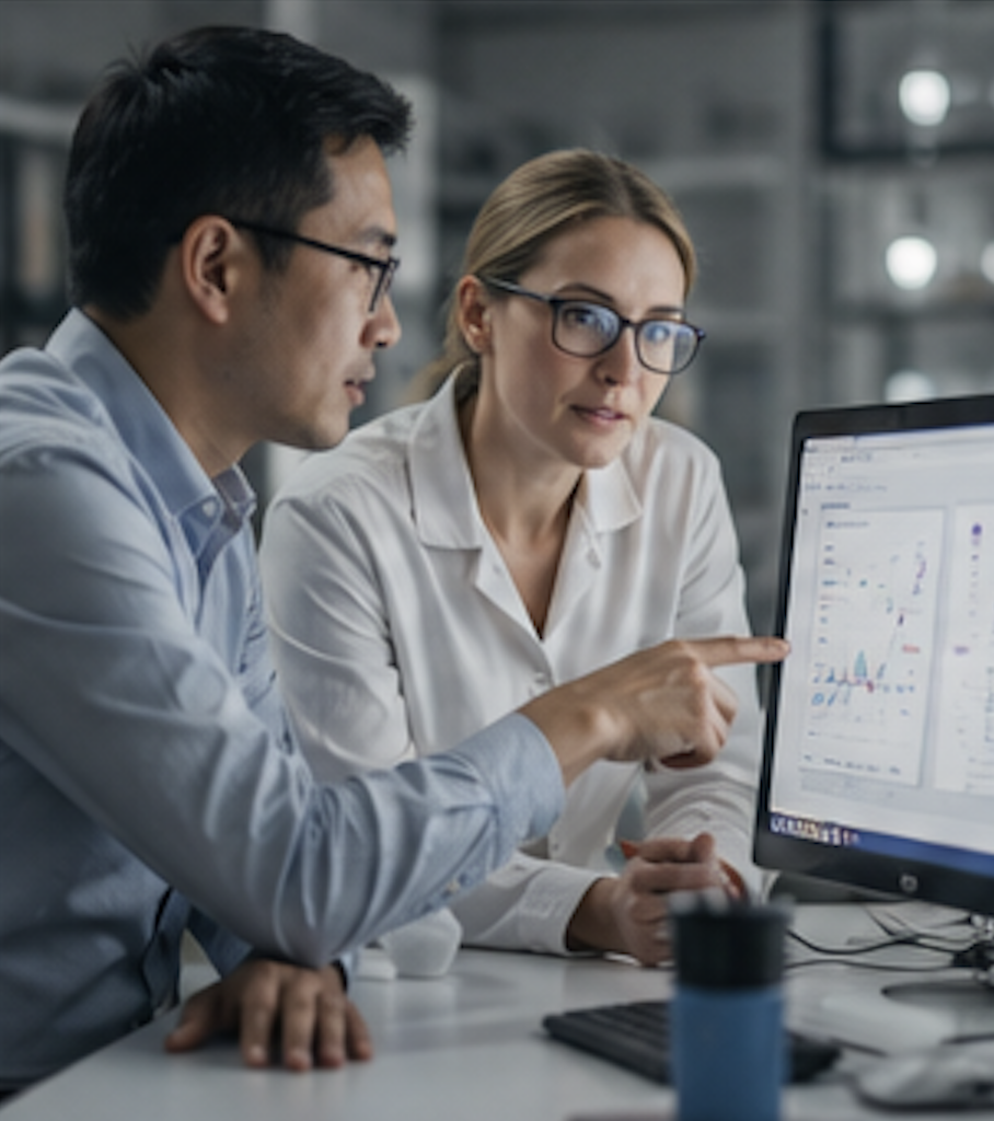 Two researchers reviewing data visualisations on a screen together