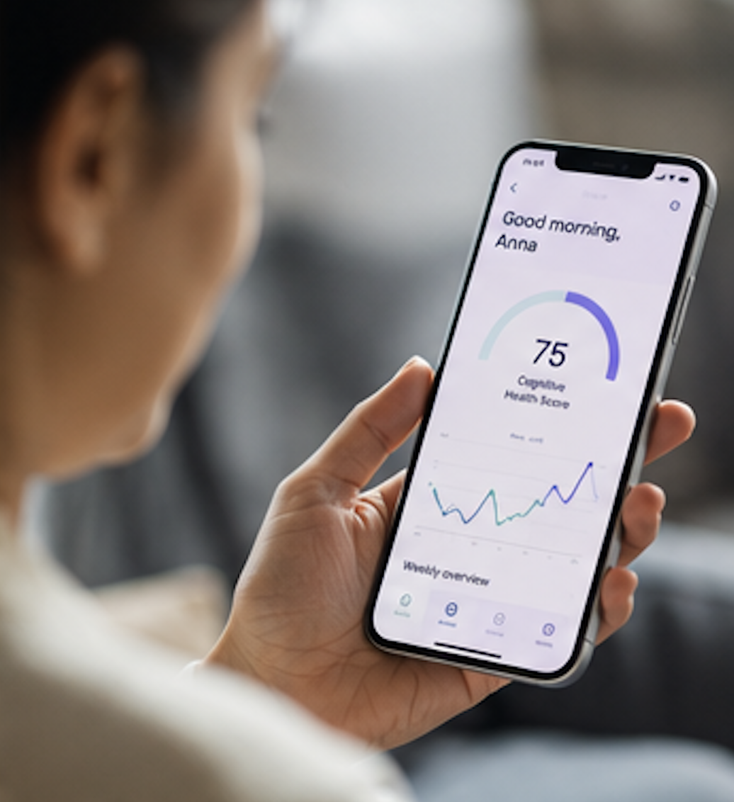 A person reviewing their cognitive health score on a phone app