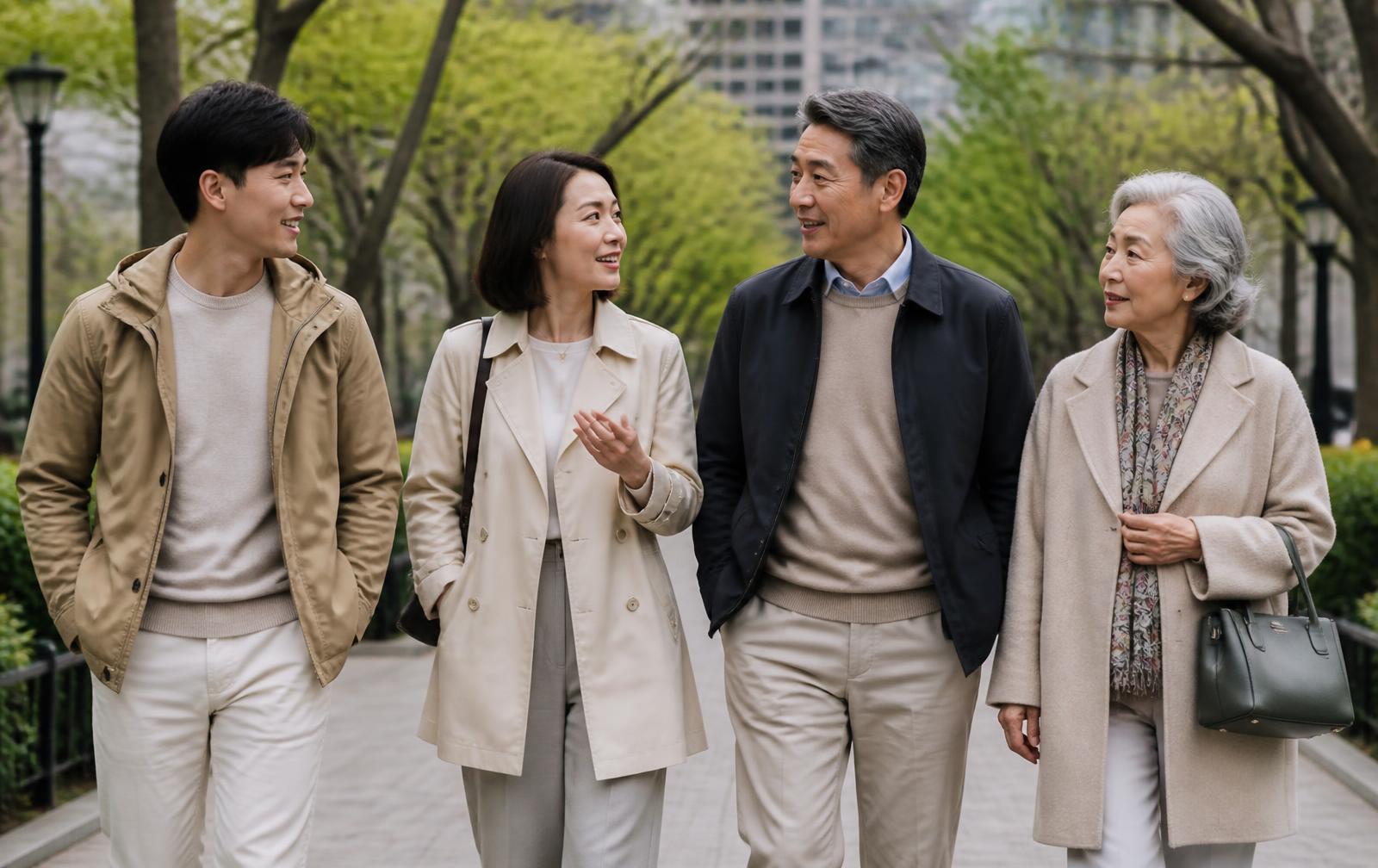 People of different ages walking together through a modern city park