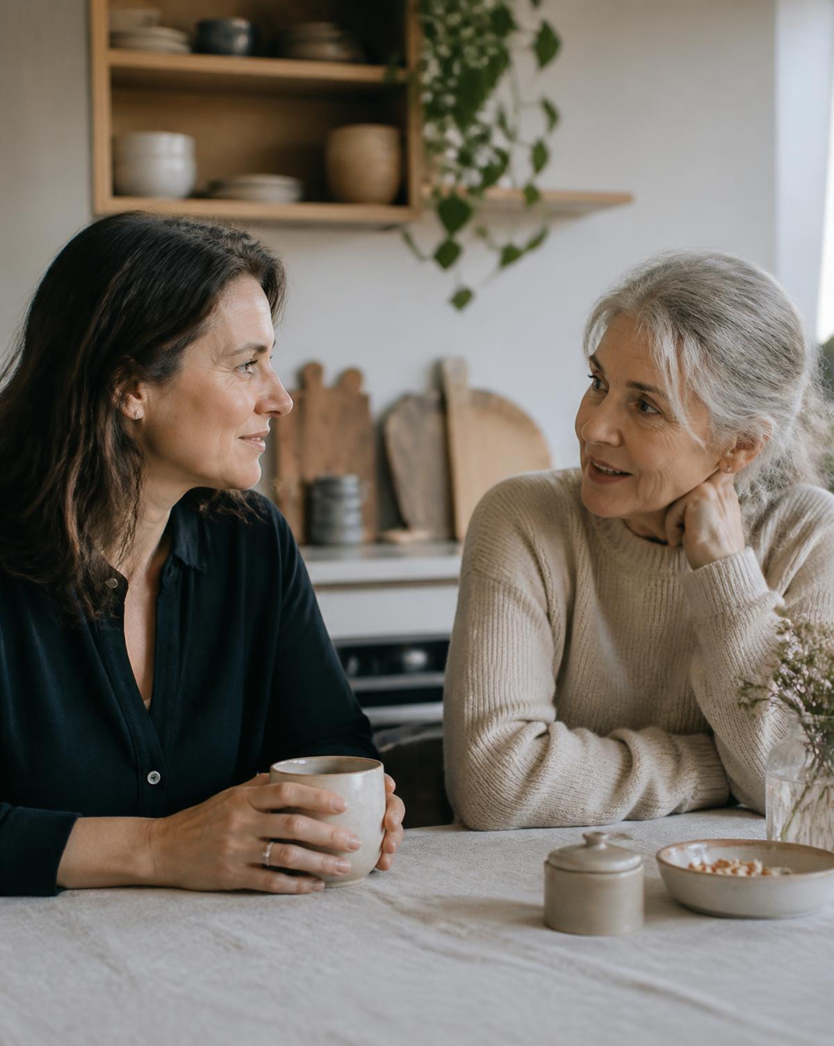 An adult daughter and her older mother talking together at a kitchen table