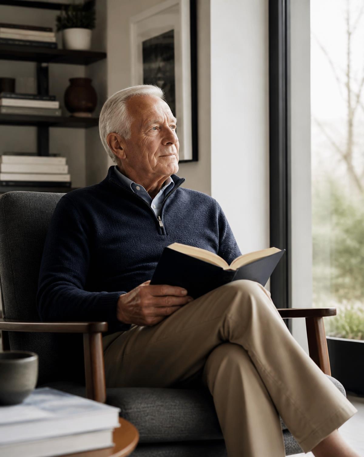 An older man at home in a bright living room, reading by a window