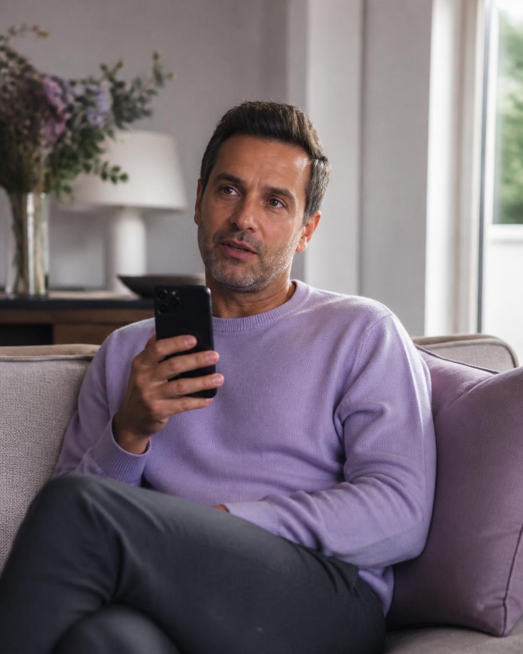 A man sitting at home speaking naturally while holding his smartphone