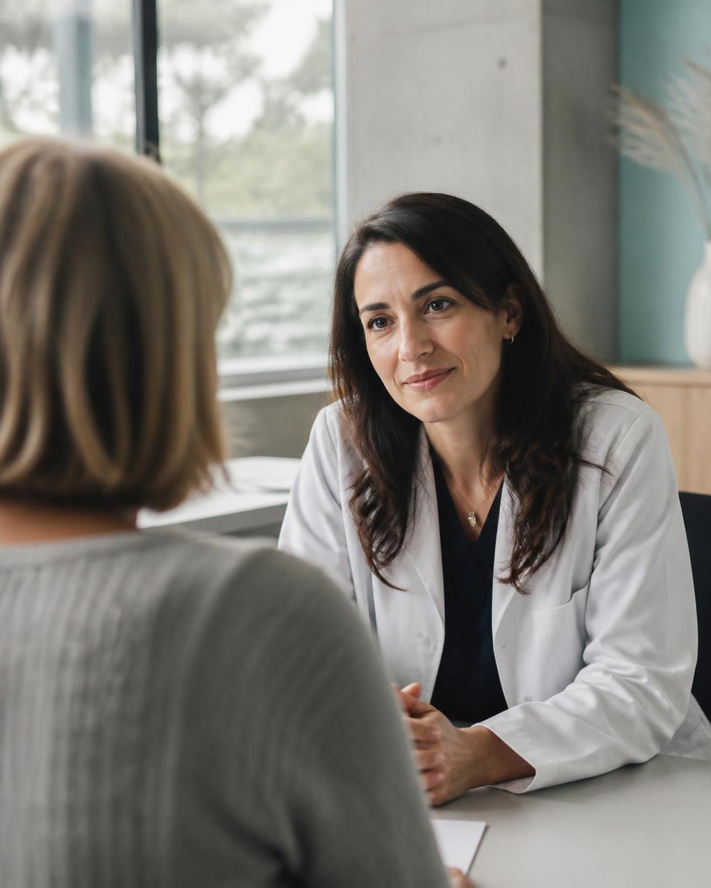 A clinician in conversation with a patient in a bright modern consulting room